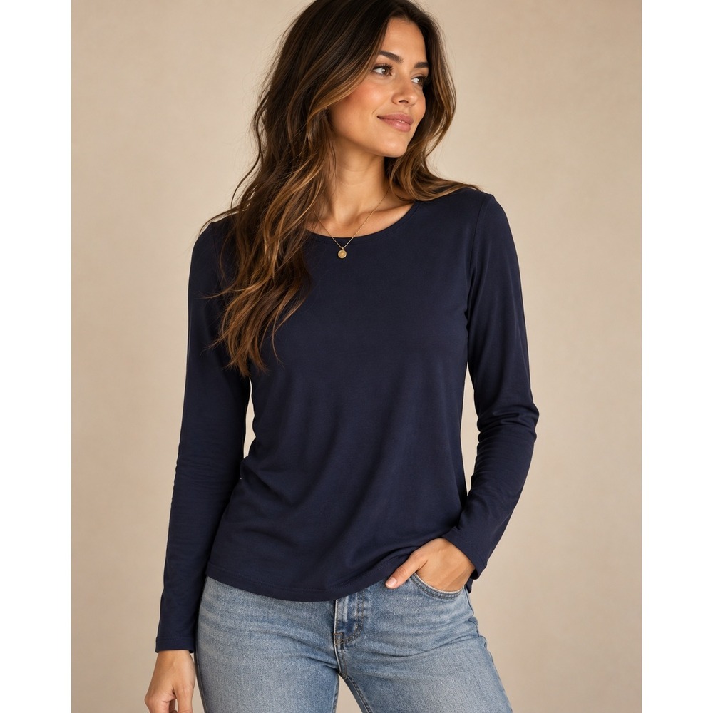 Talbots Womens Petite M Everyday Basic Navy 100% Pima Cotton Long Sleeve Tee